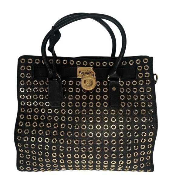 Michael Kors Black Leather Gold Studded Grommet Hamilton Tote - Picture 1 of 16